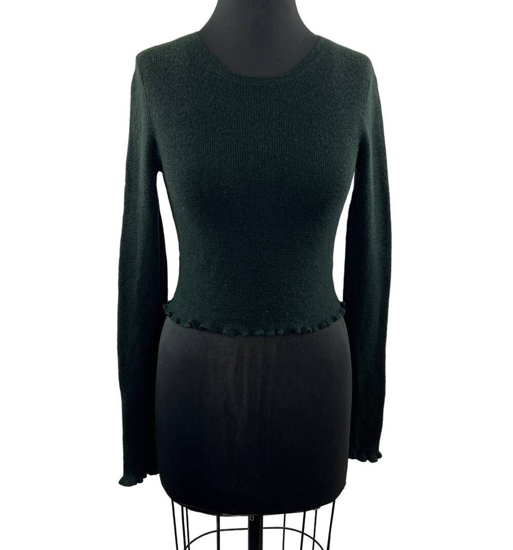 Something Navy Dark Green 100% Wool Lettuce Hem Crop Sweater Knit Top Crew L